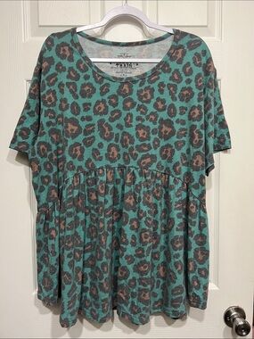 Crazy Train Teal and Brown Leopard Peplum Tunic
